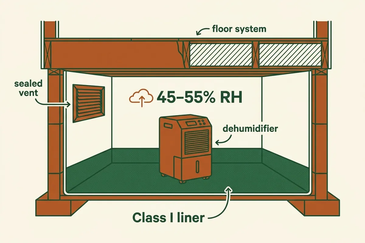 Diagram of a sealed crawl space: closed vents, Class I liner, dehumidifier holding 45-55% RH