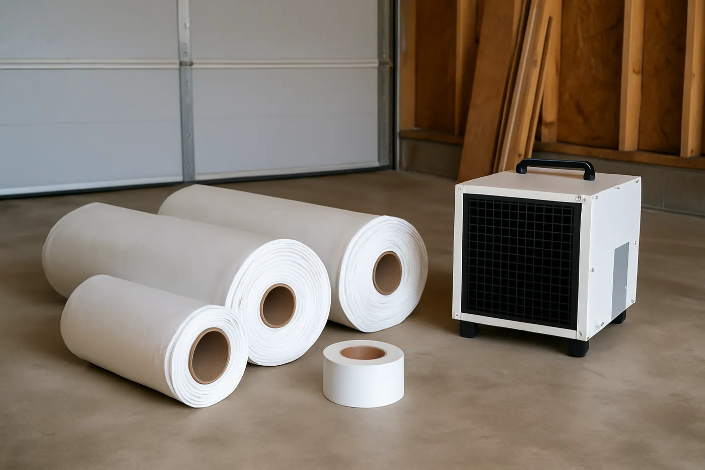 White reinforced liner rolls, seam tape, and crawl-rated dehumidifier staged before a Knoxville encapsulation
