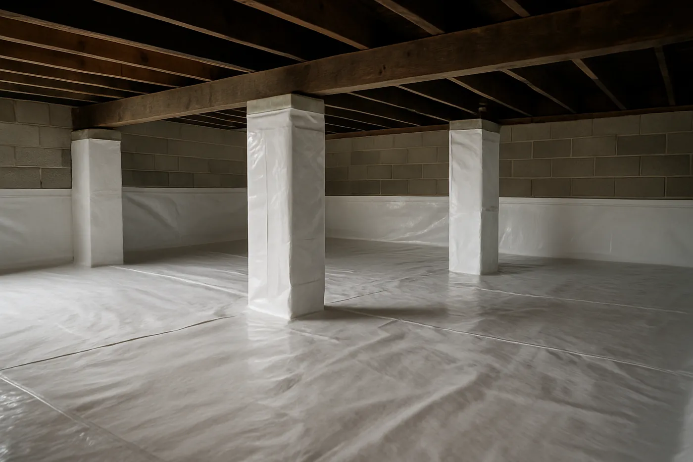 Encapsulated crawl space with sealed white liner and wrapped piers under a Knoxville home